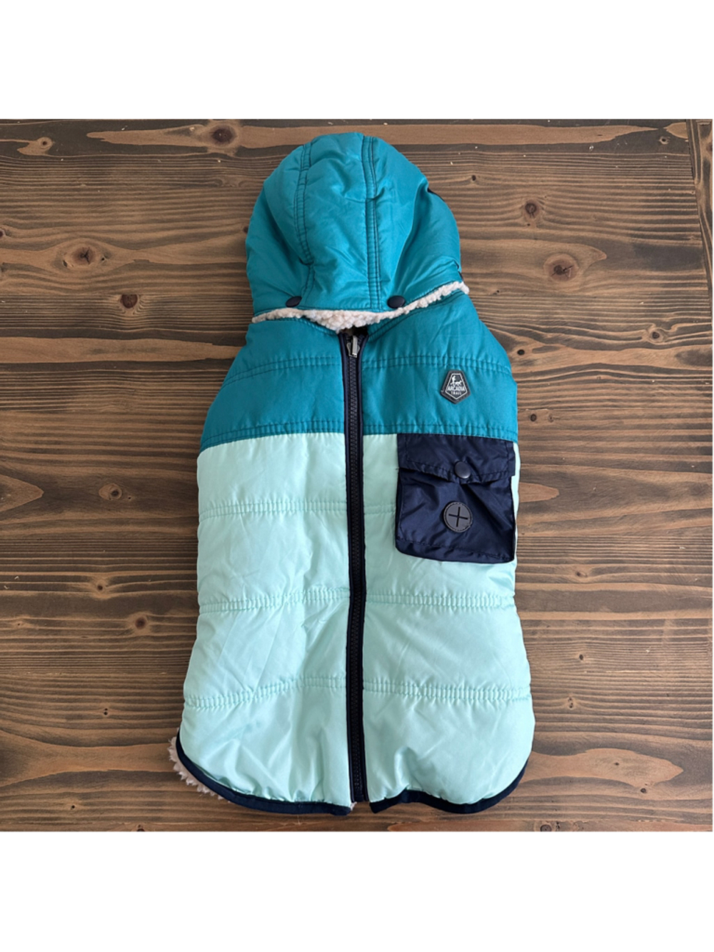 Arcadia Trail Reversible Dog Coat Size M Teal Blue Sherpa Lined Hooded Jacket
